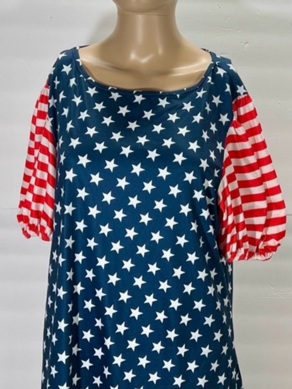 Source Unknown Navy Star Print Tunic with Red-White Striped Puff Sleeves